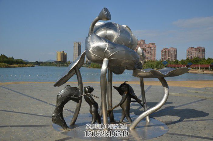 蓮蓬嬉戲雕塑，城市植物景觀雕塑，不銹鋼鏡面效果